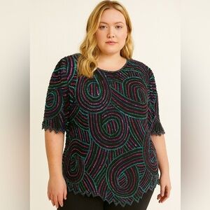 VTG Scala Beaded Sequin Top 3X Black Multicolor‎ Silk Short Sleeve Costume Party